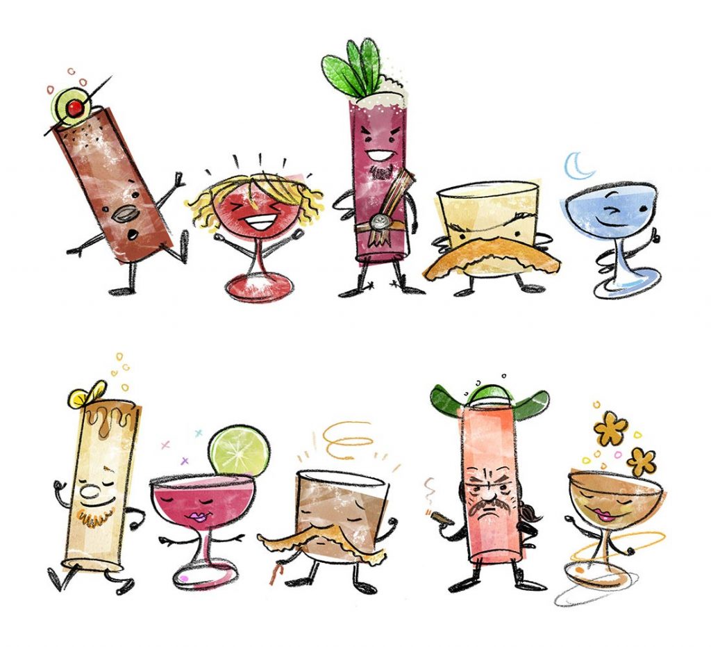 Some of Dave Stolte's iconic cocktail illustrations, commissioned by Big Bar in Los Angeles | Photo: Dave Stolte