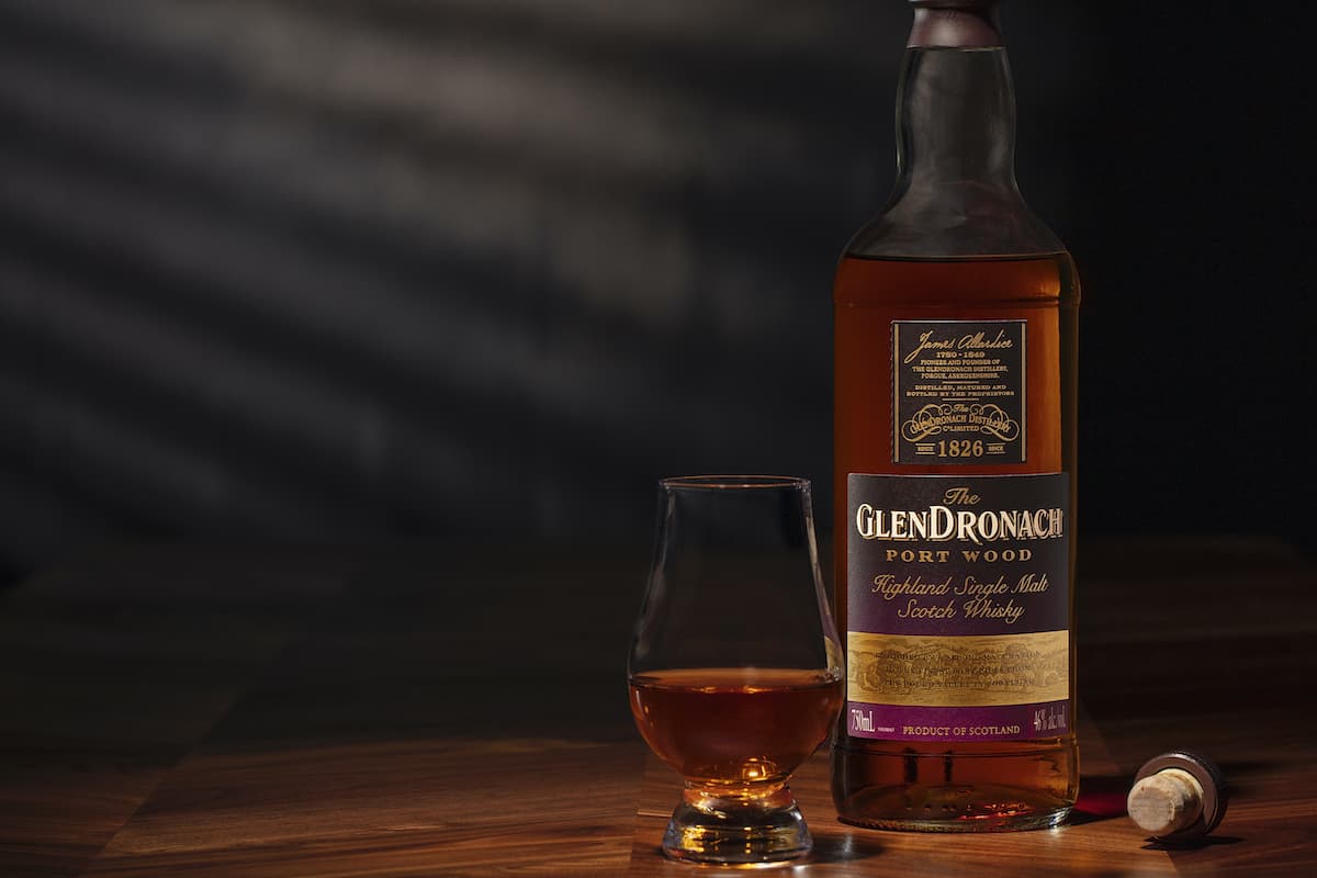 glendronach port wood bottle with glass