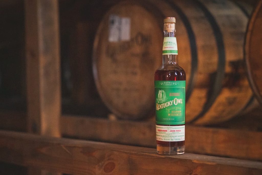 Kentucky Owl St. Patrick’s Limited-Edition Bourbon bottle in a barrel room