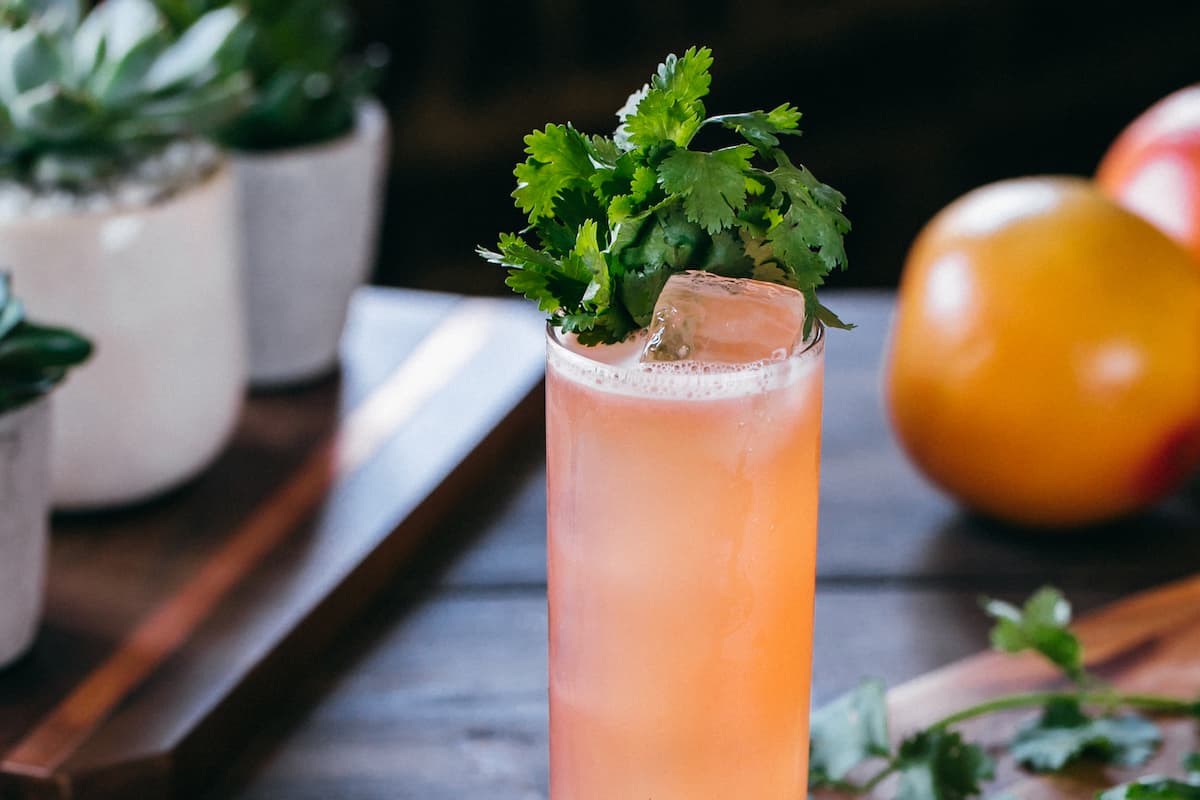 picante paloma cocktail garnished with cilantro