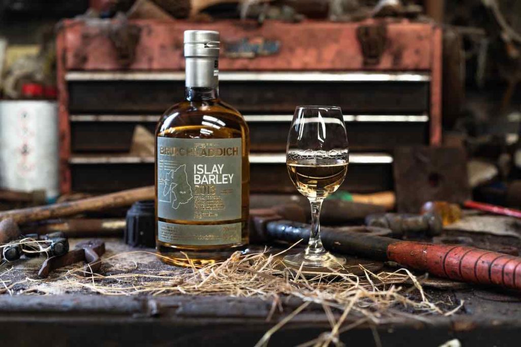 bottle of Bruichladdich Islay Barley 2013 whisky and glass