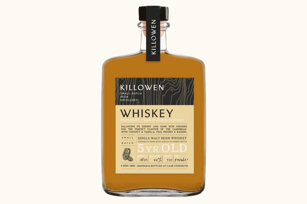 a bottle of Killowen Signature Rum & Raisin 5-Year-Old Single Malt Irish whiskey
