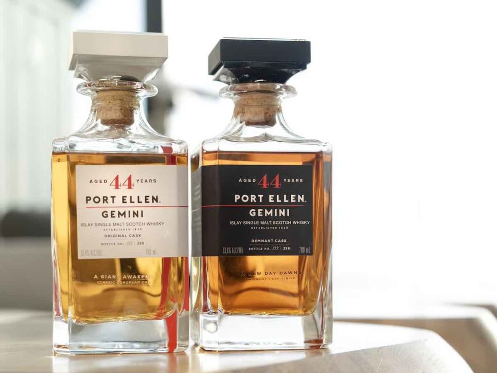 Two bottles of the Port Ellen Gemini whiskies